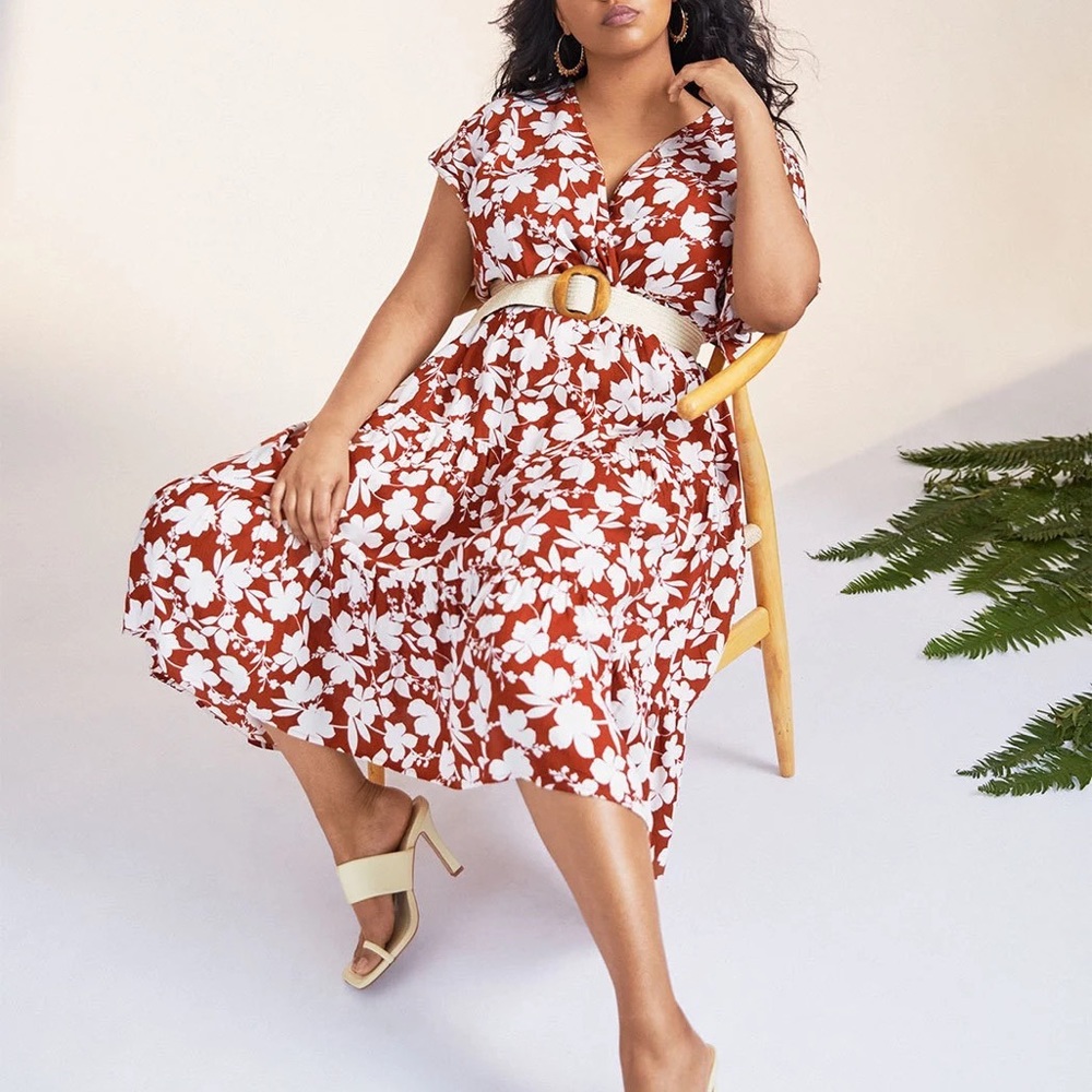 ELOQUII Flare Sleeve Tiered Midi Dress